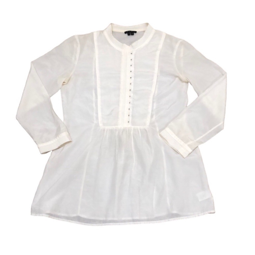 Theory Blouse Size Small Cream Cotton Silk Long Sleeve Peplum Hem